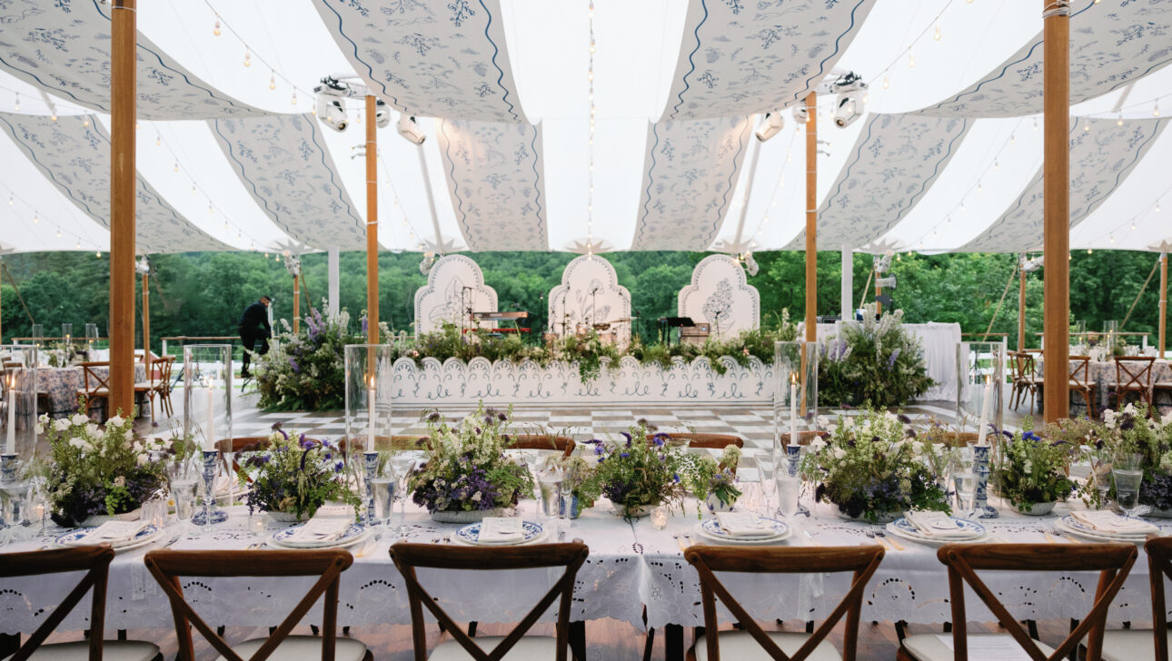 Beautiful Vermont destination wedding reception designed by JWennes Events. Elegant white with blue, wildflowers and custom checkerboard dance floor.