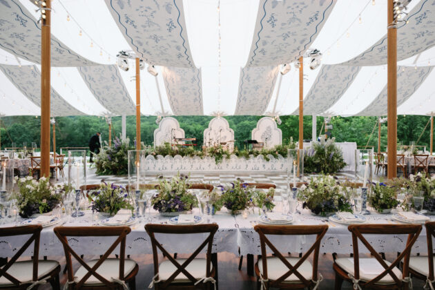 Beautiful Vermont destination wedding reception designed by JWennes Events. Elegant white with blue, wildflowers and custom checkerboard dance floor.
