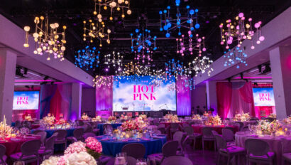 BCRF, Breast Cancer Research Foundation, Hot Pink Gala Fundrasier in New York City. Event desgined by JWennes Events featuring pink hues, dancing lights from the ceiling and stunning pink florals.
