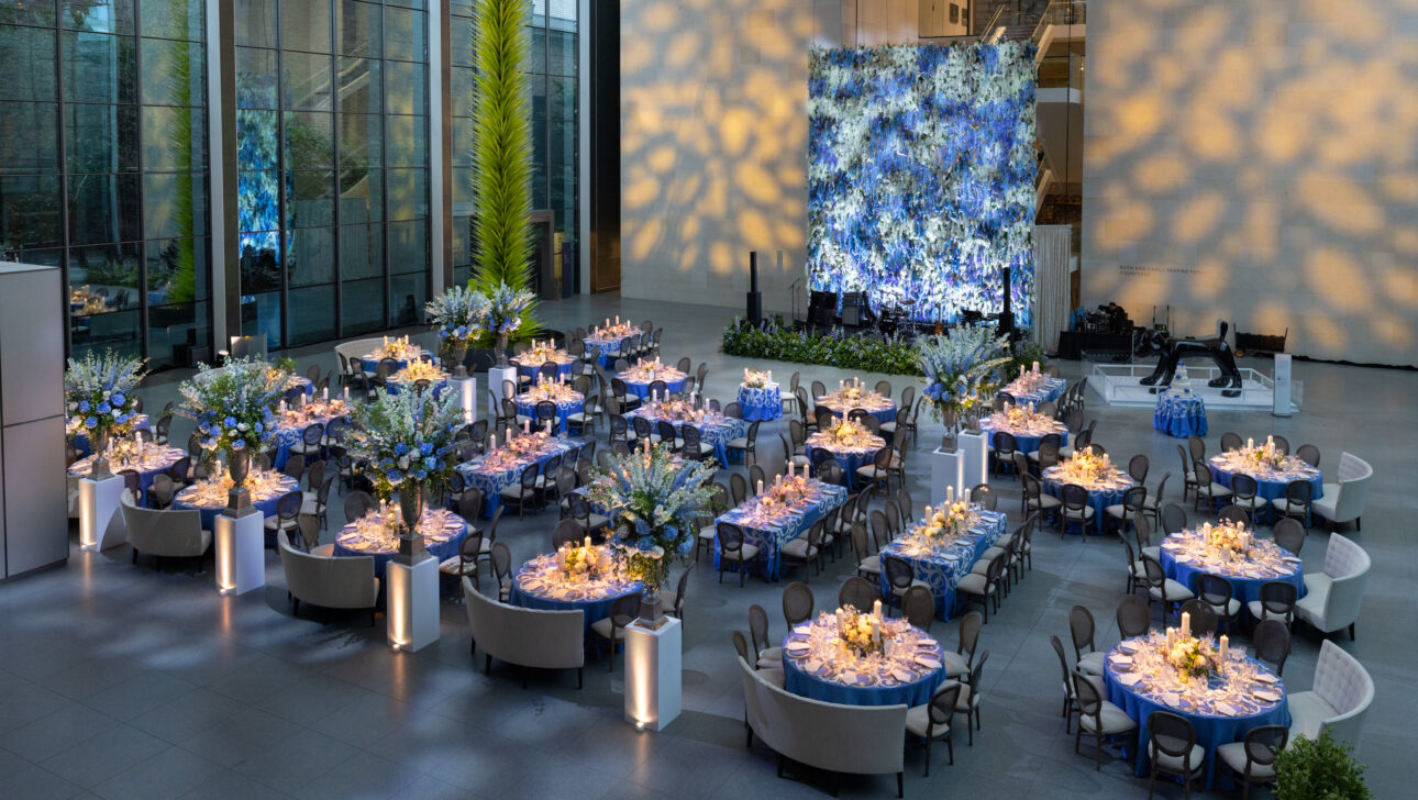 Museum of Fine Art wedding reception. Modern wedding reception with bold blues, purples and greens. Designed by JWennes Events.