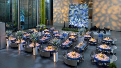 Museum of Fine Art wedding reception. Modern wedding reception with bold blues, purples and greens. Designed by JWennes Events.