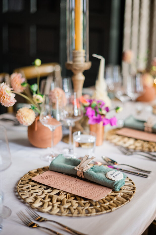 Table setting with wildflowers for private event designed by JWennes Events.